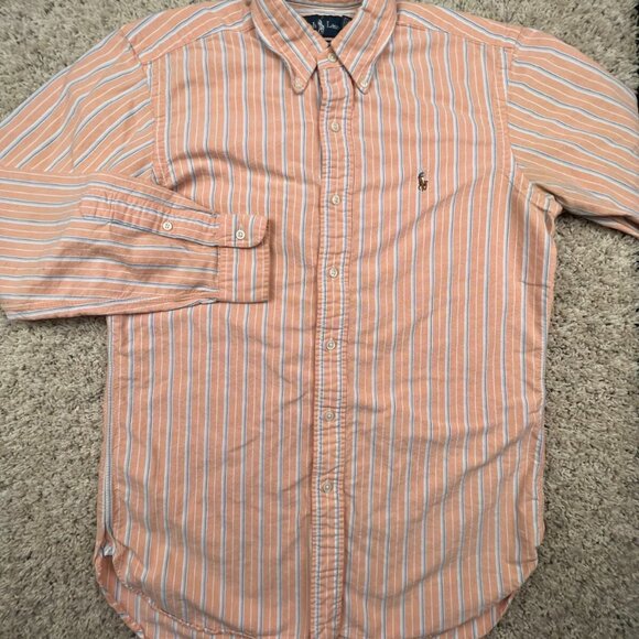 Ralph Lauren Button Up Shirt Cotton Mens Size Small Classic Fit Orange Striped - Picture 2 of 11
